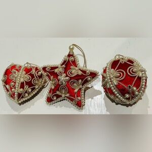 VTG Red Velvet Victorian With White Pearls Trim Christmas Tree Ornaments Lot 3